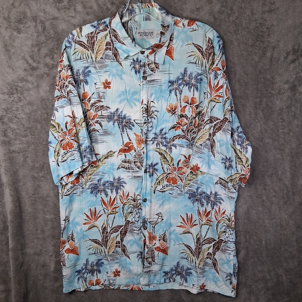 Windham Pointe Shirt Men Size Large Blue Palm Tree Print 100% Rayon Tropical